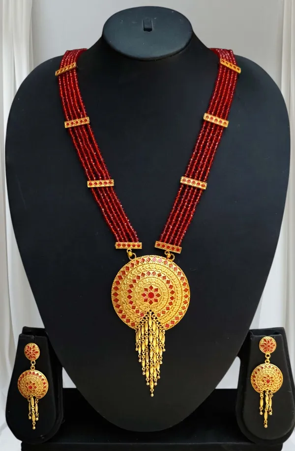 Copper_Based_Assamese_Traditional_Gold_Plated_Red_Colour_Meenakari_Japi_Tassel_Jewellery_Set_For_Women_Girls