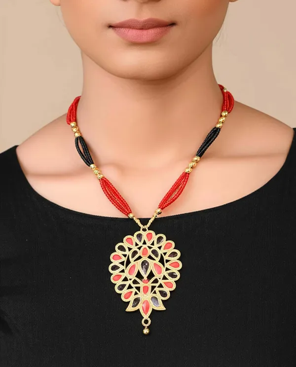 Assamese_Traditional_Gold_Plated_Red_Black_Colour_Tassel_Jewellery_Set_For_Women