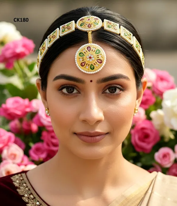 Pack_Of_2_Balaji_Gold_Golden_Rajasthani_Headband_Rakhdi_With_Floral_Stone_Work_For_Women