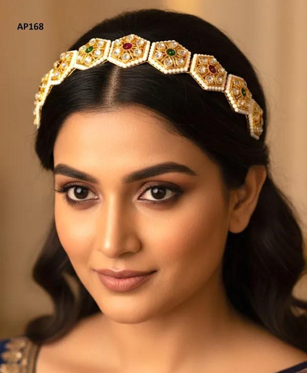 Balaji_Gold_Multicolour_Rajasthani_Hexagonal_Kundan_Pearl_Rakhdi_Headband_For_Women