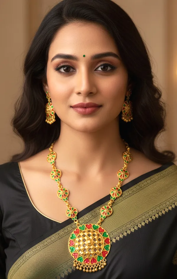 Assamese_Traditional_Gold_Plated_Red_Green_Colour_Japi_Jewellery_Set_For_Women