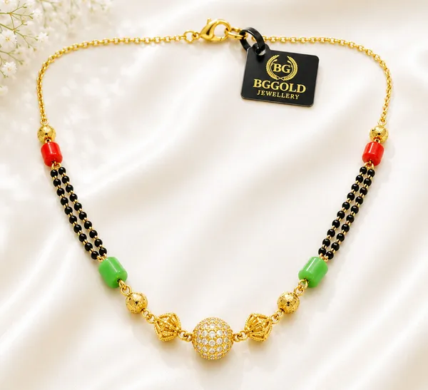 Gold-Plated_Traditional_Short_Mangalsutra_with_Red_&_Green_Beads_and_Central_CZ_Textured_Ball_Pendant