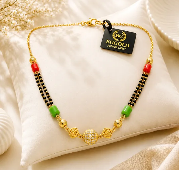 Gold-Plated_Traditional_Short_Mangalsutra_with_Red_&_Green_Beads_and_Central_CZ_Textured_Ball_Pendant