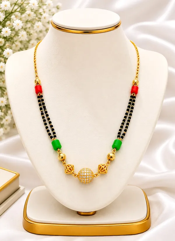 Gold-Plated_Traditional_Short_Mangalsutra_with_Red_&_Green_Beads_and_Central_CZ_Textured_Ball_Pendant
