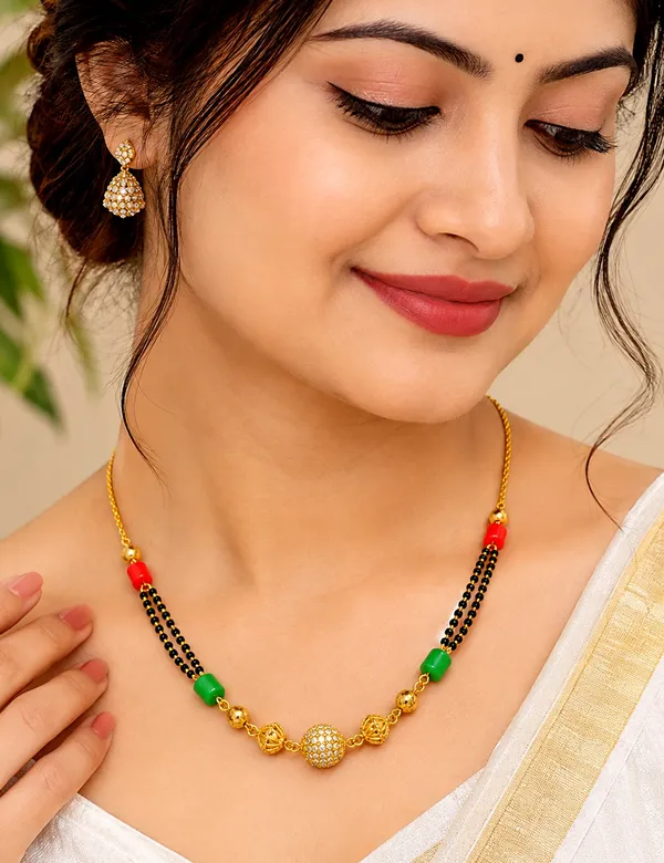 Gold-Plated_Traditional_Short_Mangalsutra_with_Red_&_Green_Beads_and_Central_CZ_Textured_Ball_Pendant