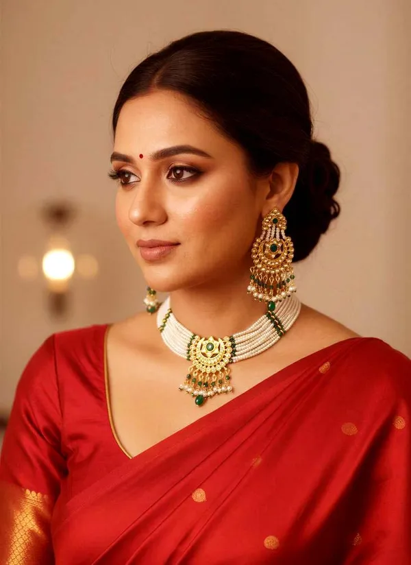 Balaji_Gold_Green_Traditional_Kundan_Pearl_Choker_Necklace_Set_For_Women