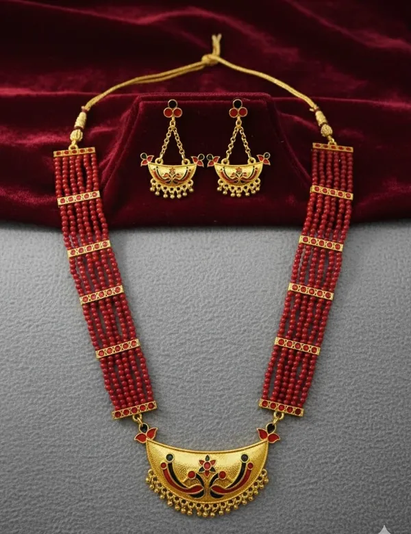 Assamese_Traditional_Red_Colour_Joonbiri_Tassel_Jewellery_Set_For_Women_&_Girls