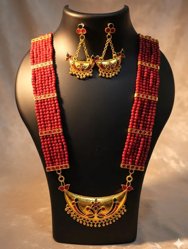 Assamese_Traditional_Red_Colour_Joonbiri_Tassel_Jewellery_Set_For_Women_&_Girls