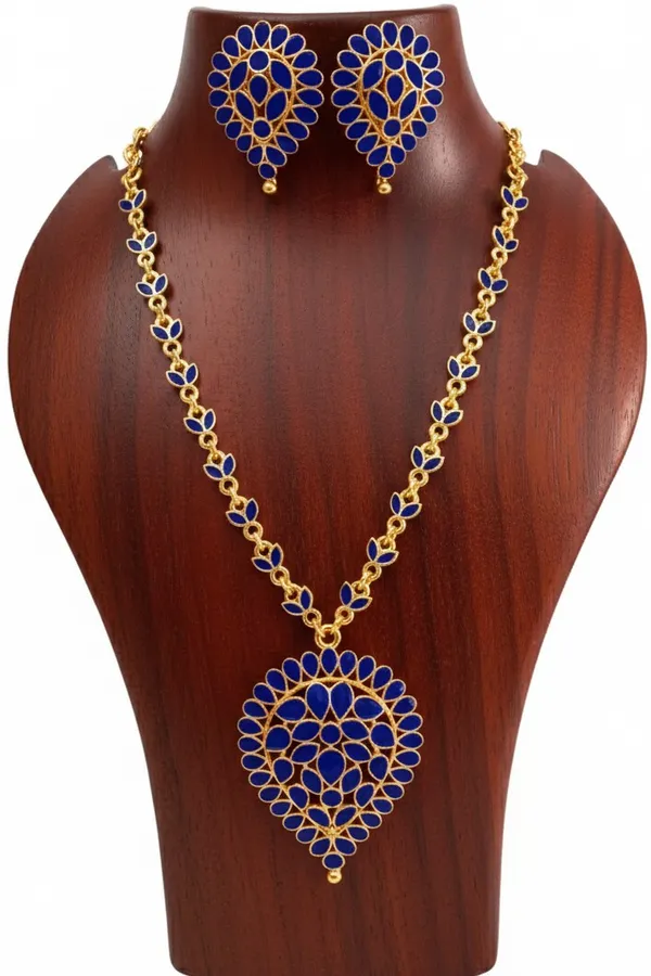 Assamese_Traditional_Gold_Plated_Blue_Colour_Dugdugi_Chain_Jewellery_Set_For_Women
