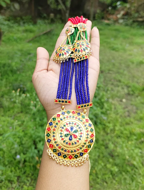 Copper_Based_Assamese_Traditional_Gold_Plated_Multi_Color_Japi_Tassel_Jewellery_Set_For_Women_&_Girls