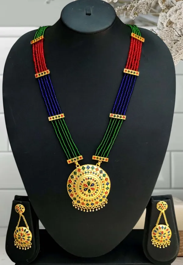 Copper_Based_Assamese_Traditional_Gold_Plated_Multi_Color_Japi_Tassel_Jewellery_Set_For_Women_&_Girls