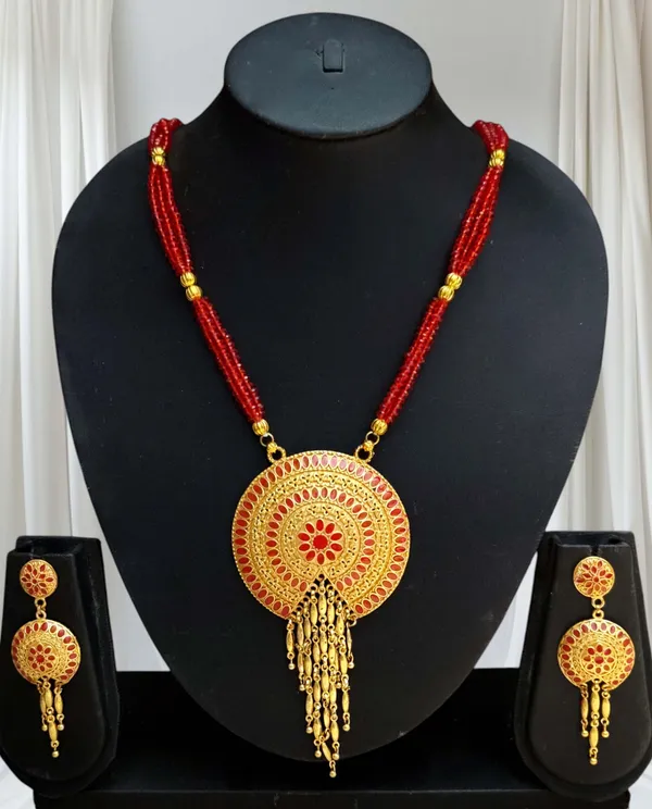 Copper_Based_Assamese_Traditional_Gold_Plated_Red_Meenakari_Japi_Tassel_Jewellery_Set_For_Women_&_Girls