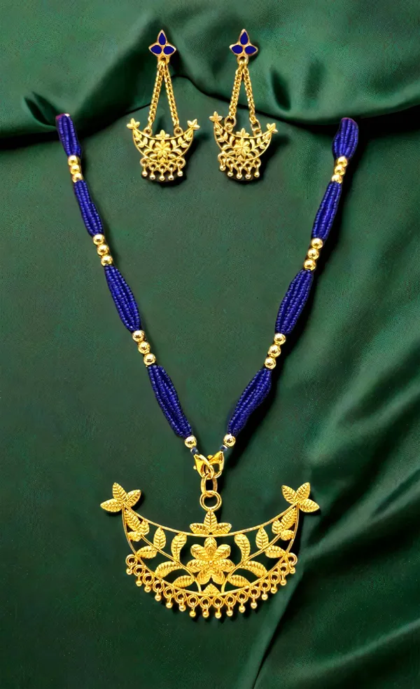 Assamese_Traditional_Gold_Plated_With_Blue_Color_Tassel_Junbiri_Jewellery_Set_For_Women_&_Girls