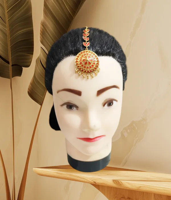 Assamese_Traditional_Copper_Gold_Plated_Red_Color_Japi_Design_Maang_Tikka_For_Women
