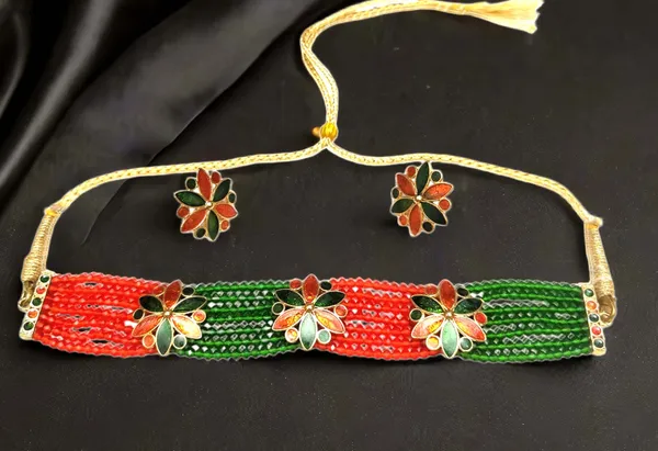 Assamese_Traditional_Gold_Plated_Red_Green_Colour_Golpata_Necklace_Set_For_Women_&_Girls