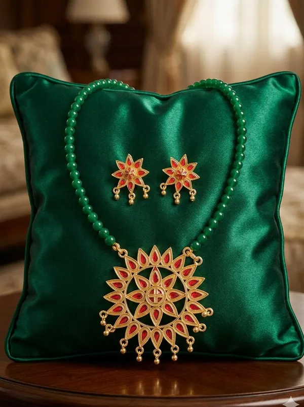 BG_GOLD_Assamese_Traditional_Copper_Based_Sunflower_Green_Moni_Jewellery_Set