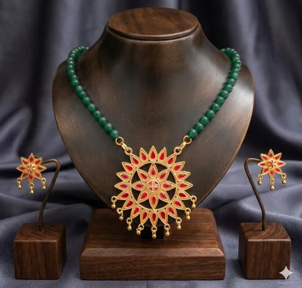 BG_GOLD_Assamese_Traditional_Copper_Based_Sunflower_Green_Moni_Jewellery_Set