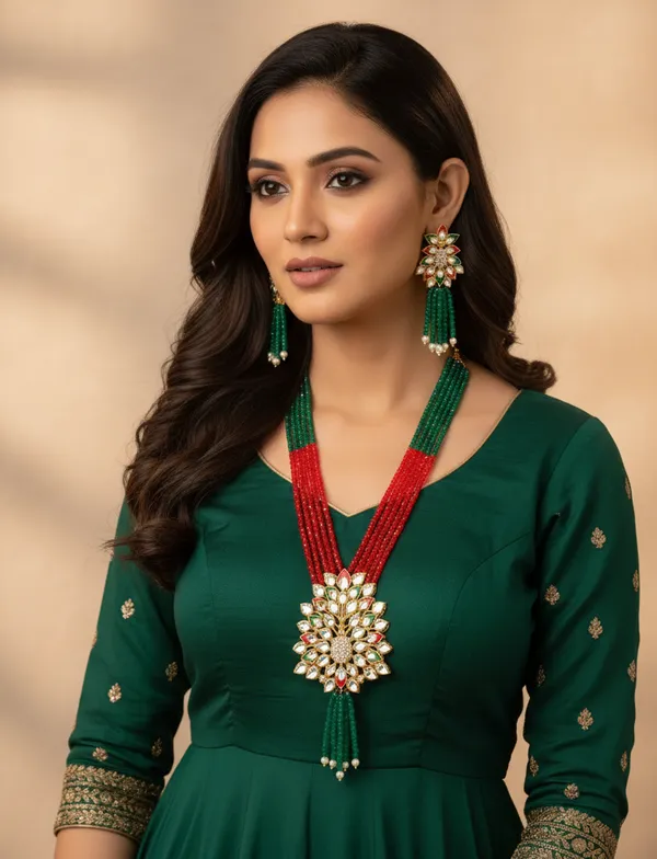 Red_&_Green_Traditional_Multi_Colour_Minakari_Multi_Strand_Pearls_Long_Necklace_Earring_Set_For_Women