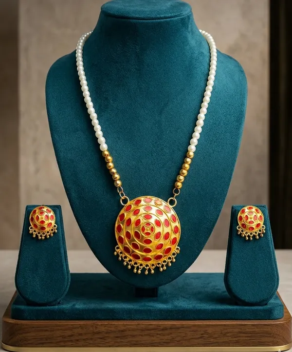 Assamese_Traditional_Copper_Based_Red_Japi_White_Moni_Tassel_Jewellery_Set