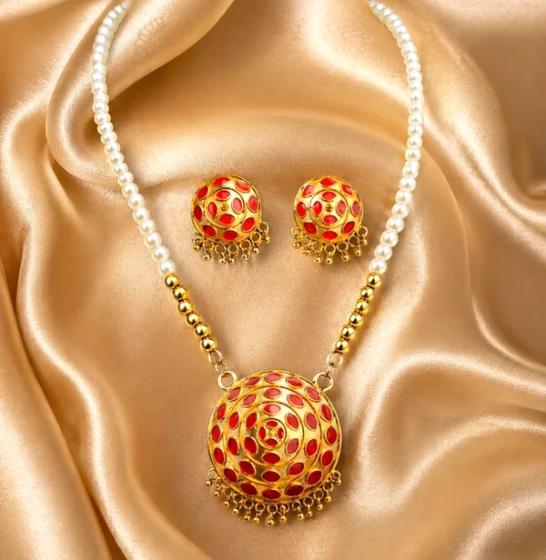 Assamese_Traditional_Copper_Based_Red_Japi_White_Moni_Tassel_Jewellery_Set