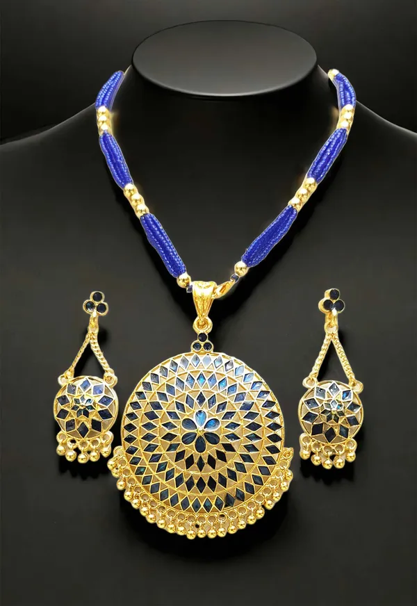 Assamese_Traditional_Gold_Plated_Blue_Colour_Japi_Tassel_Jewellery_Set_For_Women_&_Girl