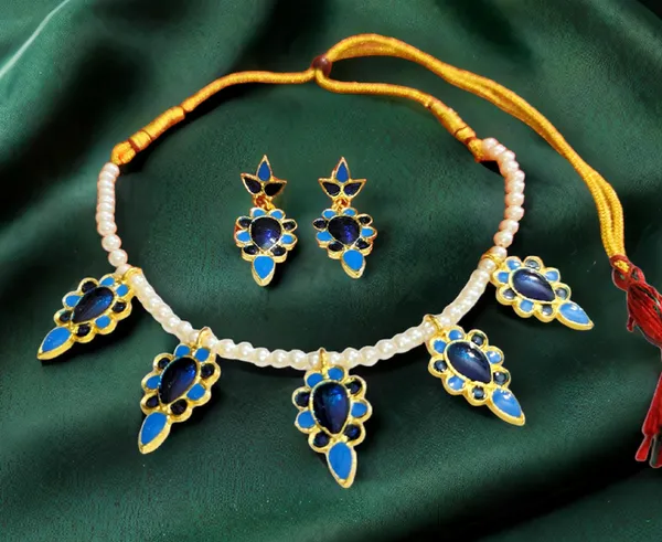 Assamese_Traditional_Gold_Plated_Blue_Colour_Dugdugi_Design_With_White_Pearl_Tassel_Set_For_Girls_And_Women