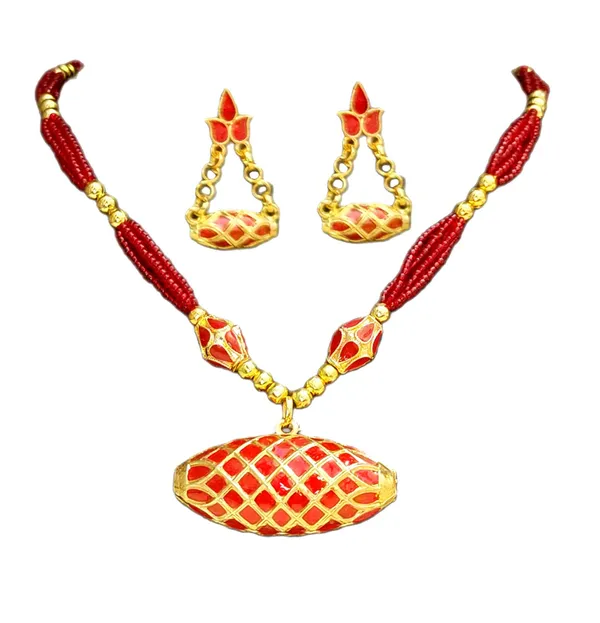 Copper_Based_Assamese_Traditional_Red_Meenakari_Boll_Tassel_Dhol_Biri_Set