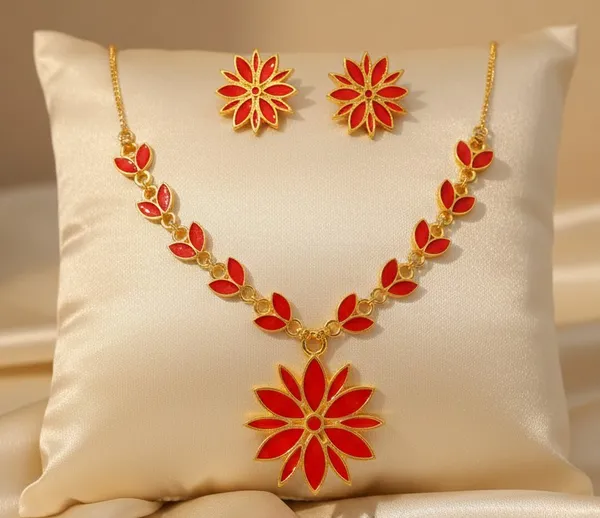 Assamese_Traditional_Gold_Plated_Red_Colour_Star_Design_Chain_Jewellery_Set_For_Women_&_Girl