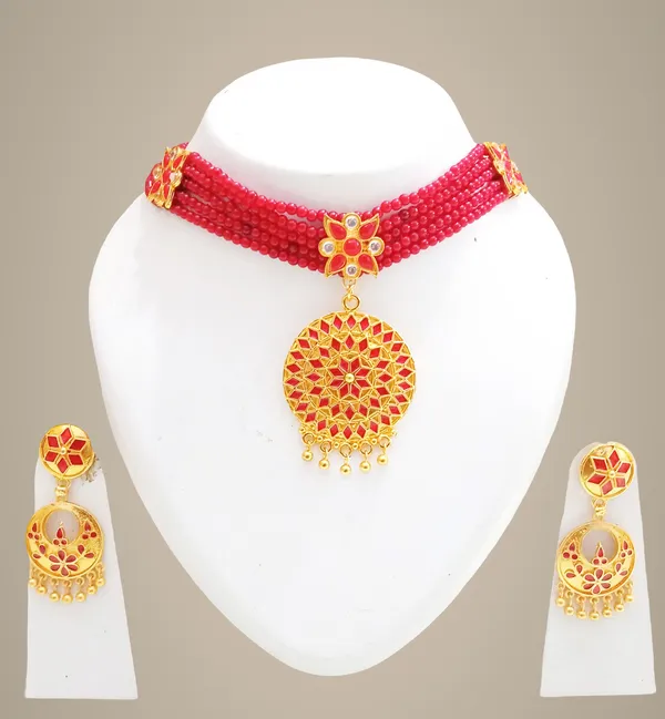 Assamese_Traditional_Gold_Plated_Red_Colour_Golpata_Necklace_Set_For_Women