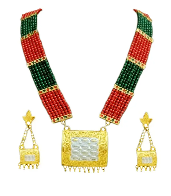 Assamese_Traditional_Gold_Plated_Red_Green_Colour_Tassel_Jewellery_Set_For_Women