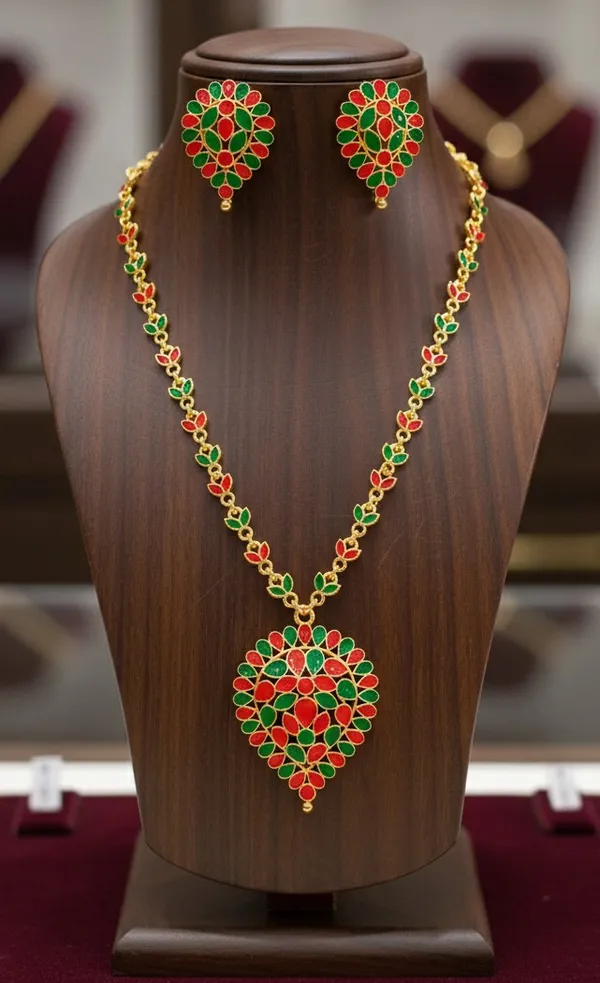 Assamese_Traditional_Gold_Plated_Red_Green_Colour_Dugdugi_Patio_Design_Chain_Jewellery_Set_For_Women