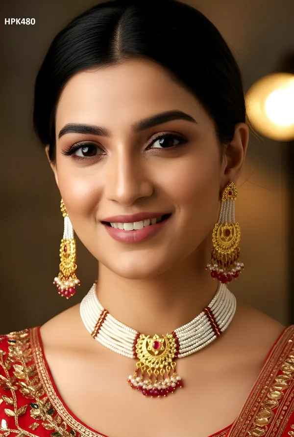 Gold_Plated_Kundan_Pearl_Choker_Necklace_Set_With_Long_Earrings