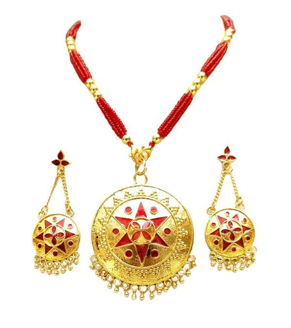 Assamese_Traditional_Gold_Plated_Red_Meenakari_Japi_Tassel_Jewellery_Set_For_Women