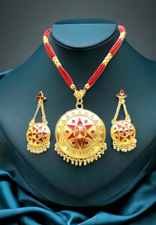 Assamese_Traditional_Gold_Plated_Red_Meenakari_Japi_Tassel_Jewellery_Set_For_Women