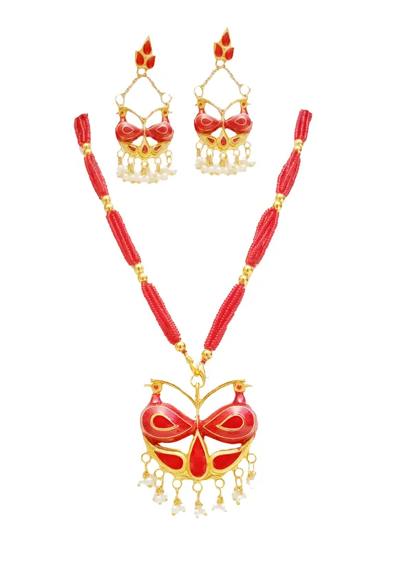 Assamese_Traditional_Gold_Plated_Red_Colour_Mayur_Design_Pendant_Tassel_Set_For_Women_And_Girl