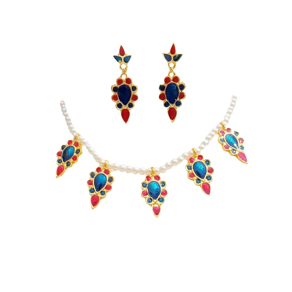 Assamese_Traditional_Gold_Plated_Red_Blue_Colour_Dugdugi_Choker_Necklace_With_White_Pearl_For_Women_And_Girl
