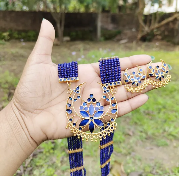 Assamese_Traditional_Gold_Plated_Blue_Colour_Joonbiri_Tassel_Jewellery_Set_For_Women_&_Girl