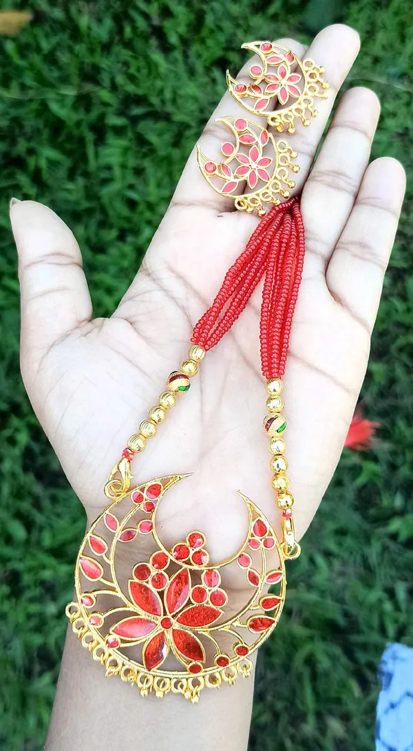 Assamese_Traditional_Gold_Plated_Red_Color_Junbiri_Tassel_Jewellery_Set_For_Women_&_Girl