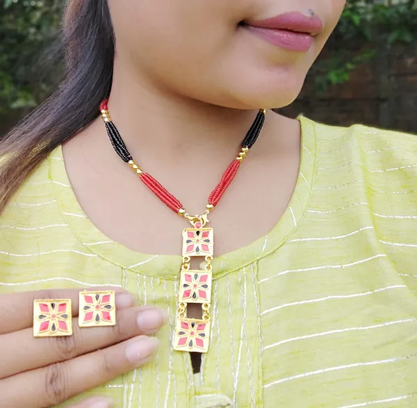 Assamese_Traditional_Gold_Plated_Red_Black_Colour_Pendant_Tassel_Set_For_Women_&_Girls