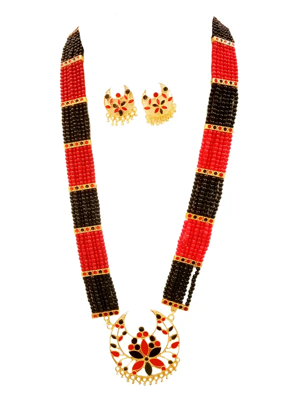 Assamese_Traditional_Gold_Plated_Red_Black_Colour_Joonbiri_Tassel_Bridal_Set_For_Women_&_Girls