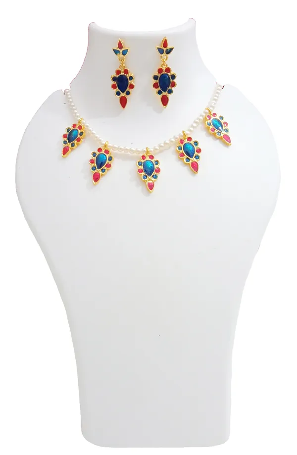 Assamese_Traditional_Gold_Plated_Red_Blue_Colour_Dugdugi_Choker_Necklace_With_White_Pearl_For_Women_And_Girl