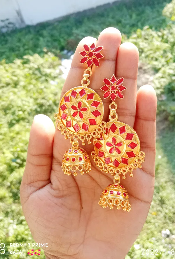 Assamese_Traditional_Red_Colour_Jhumka_Earring_For_Girls_&_Women