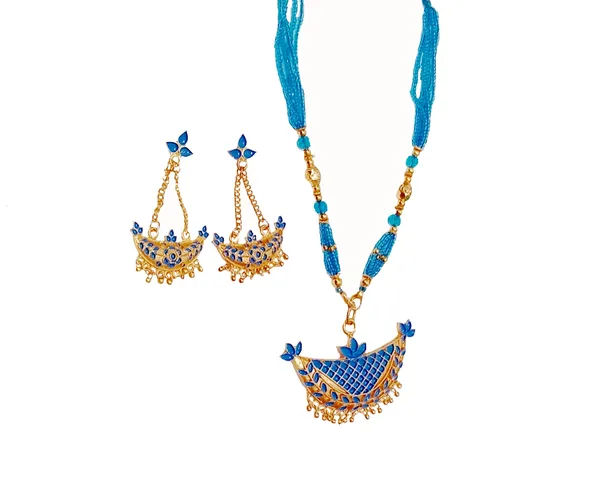 Assamese_Traditional_Gold_Plated_Blue_Colour_Junbiri_Tassel_Jewellery_Set_For_Women_&_Girls