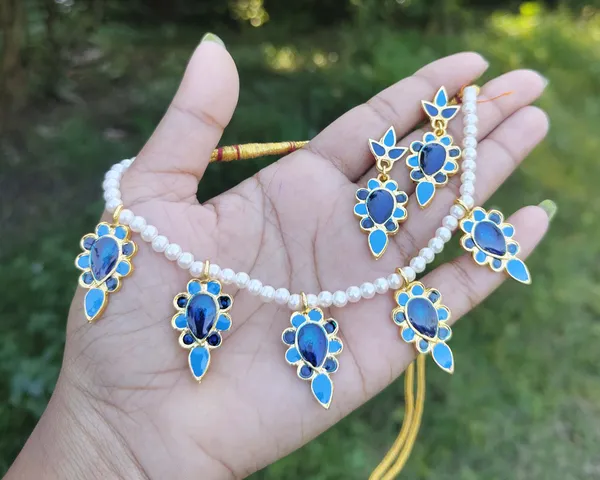 Assamese_Traditional_Gold_Plated_Blue_Colour_Dugdugi_Design_With_White_Pearl_Tassel_Set_For_Girls_And_Women