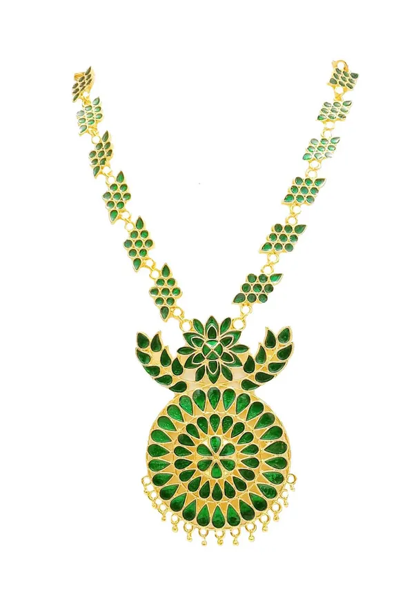 Assamese_Traditional_Gold_Plated_Green_Colour_Japi_Chain_Jewellery_Set_For_Women_&_Girls