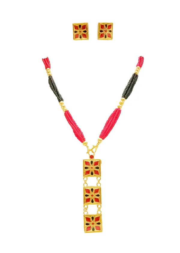 Assamese_Traditional_Gold_Plated_Red_Black_Colour_Pendant_Tassel_Set_For_Women_&_Girls