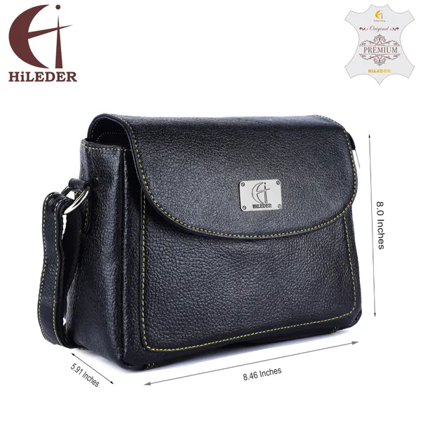 HiLEDER_Genuine_Leather_Crossbody_Sling_Messenger_Slim_Shoulder_Purse_Satchel_Bag_for_Women_&_Girl_with_Magnetic_Snap_Closure_|_Medium_Size_|_Black