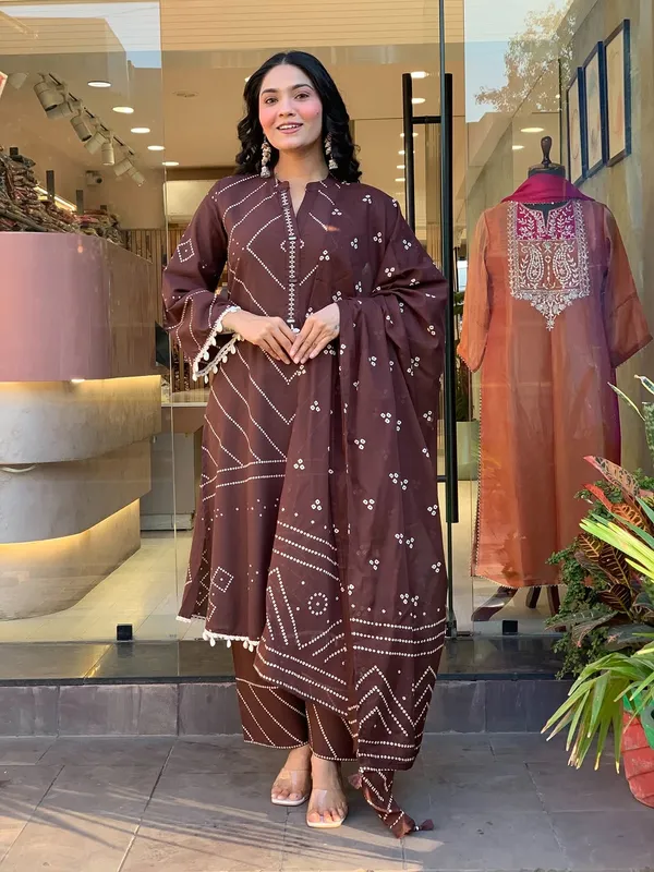Jaipur_Kurta's_Elegant_Ivory_Shell_Embellished_Brown_Kurta_Set_with_Afghani_Pants