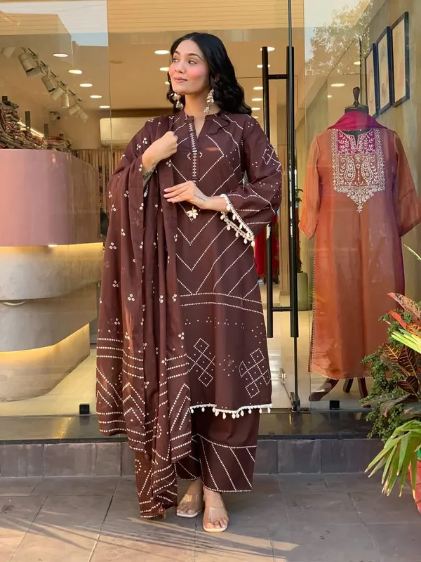 Jaipur_Kurta's_Elegant_Ivory_Shell_Embellished_Brown_Kurta_Set_with_Afghani_Pants