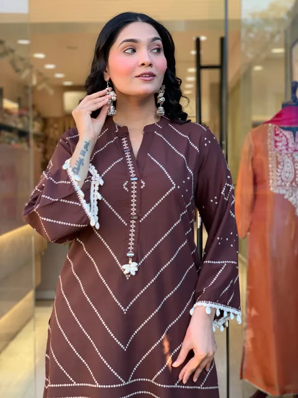 Jaipur_Kurta's_Elegant_Ivory_Shell_Embellished_Brown_Kurta_Set_with_Afghani_Pants